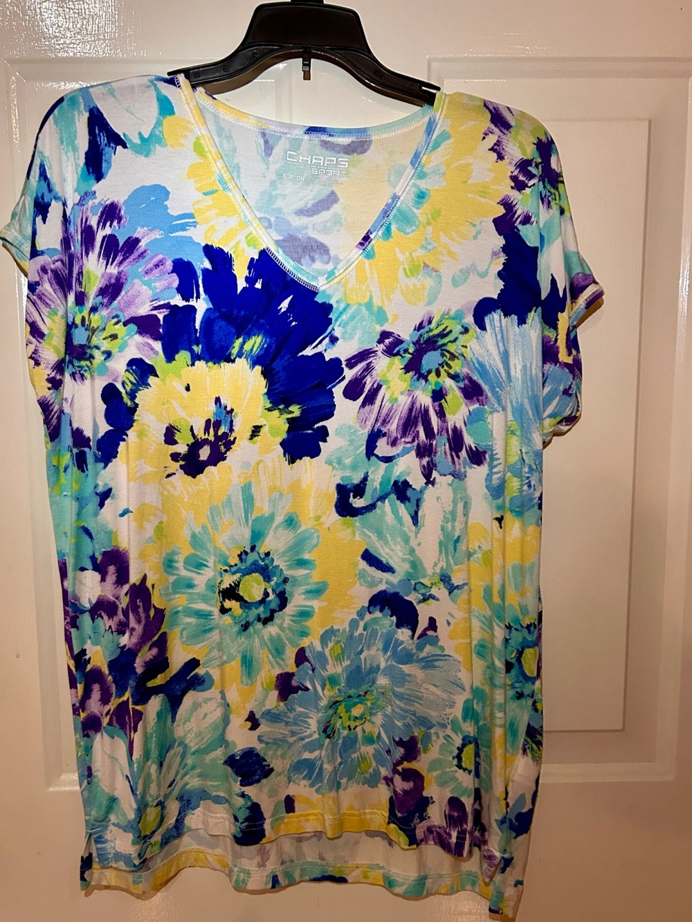 Chaps V-Neck Short Sleeve Floral Top - Blue, Yellow & Purple